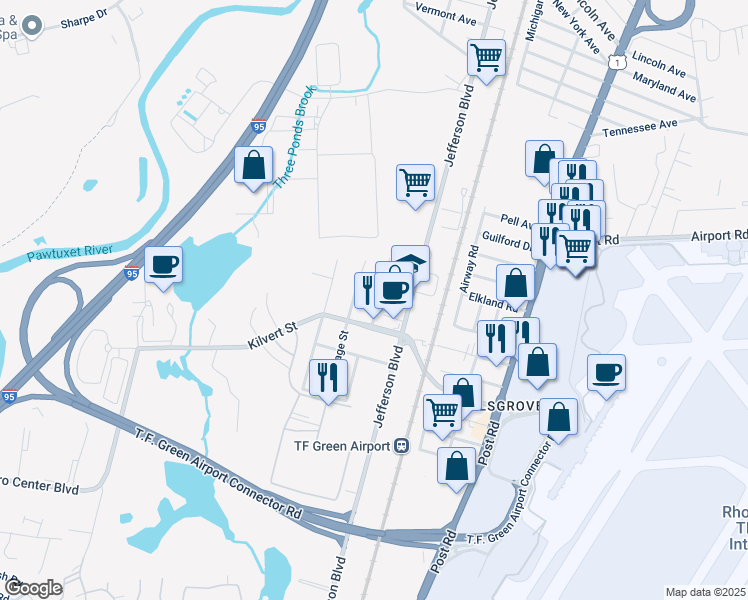map of restaurants, bars, coffee shops, grocery stores, and more near 157 Kilvert Street in Warwick