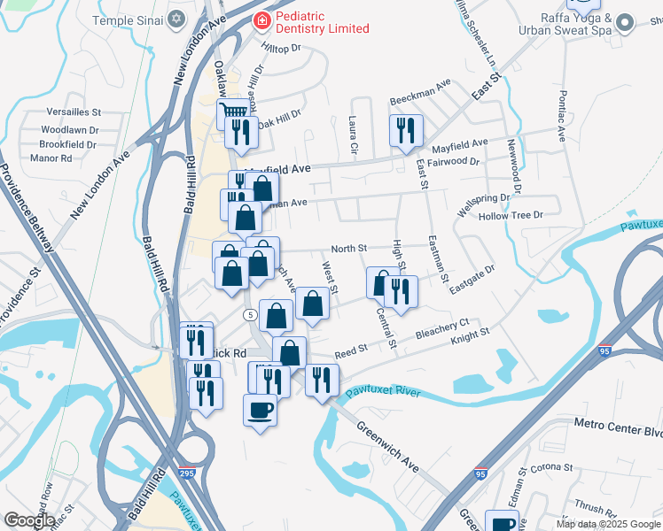map of restaurants, bars, coffee shops, grocery stores, and more near 37 West Street in Warwick