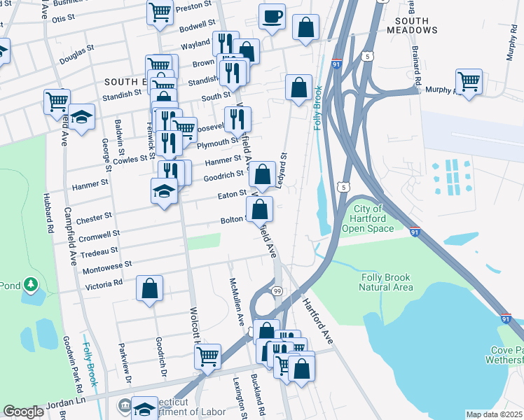 map of restaurants, bars, coffee shops, grocery stores, and more near 958 Wethersfield Avenue in Hartford