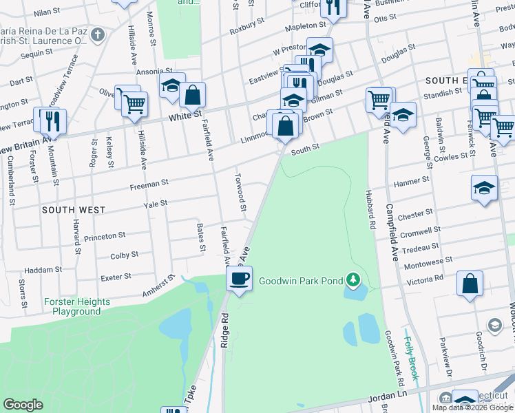 map of restaurants, bars, coffee shops, grocery stores, and more near 3 Salem Street in Hartford