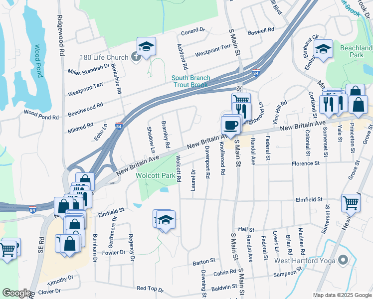 map of restaurants, bars, coffee shops, grocery stores, and more near 18 Thorne Road in West Hartford