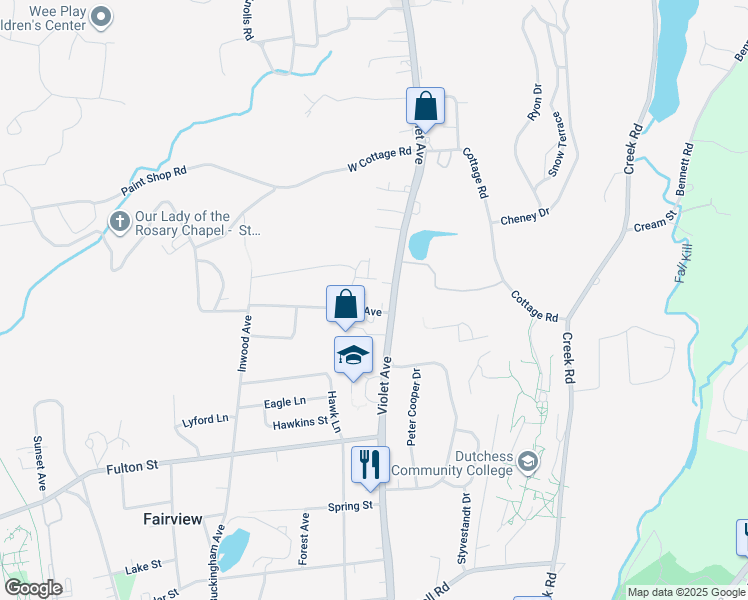 map of restaurants, bars, coffee shops, grocery stores, and more near 265 Violet Avenue in Poughkeepsie