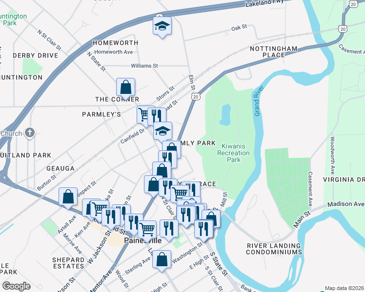 map of restaurants, bars, coffee shops, grocery stores, and more near 340 Rockwood Drive in Painesville