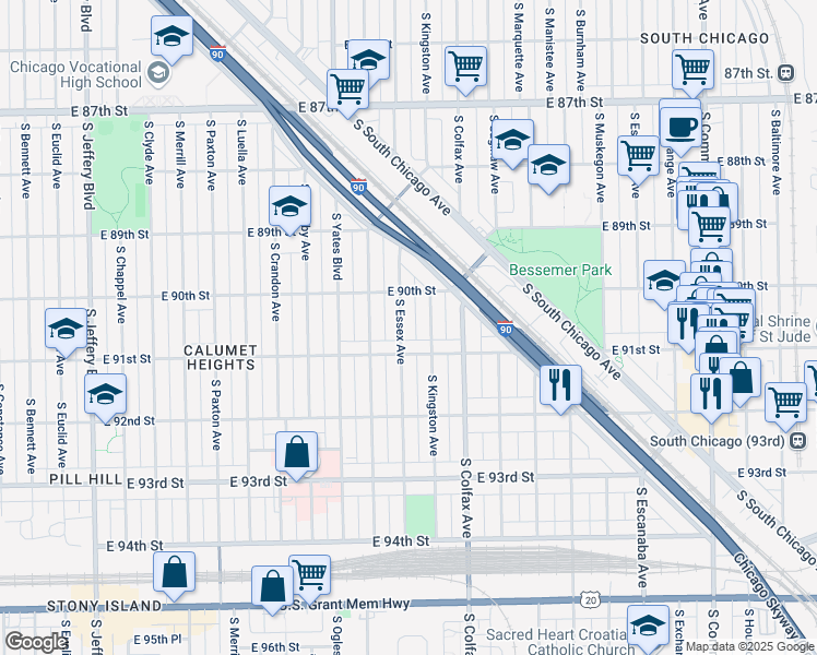 map of restaurants, bars, coffee shops, grocery stores, and more near 2520 East 91st Street in Chicago