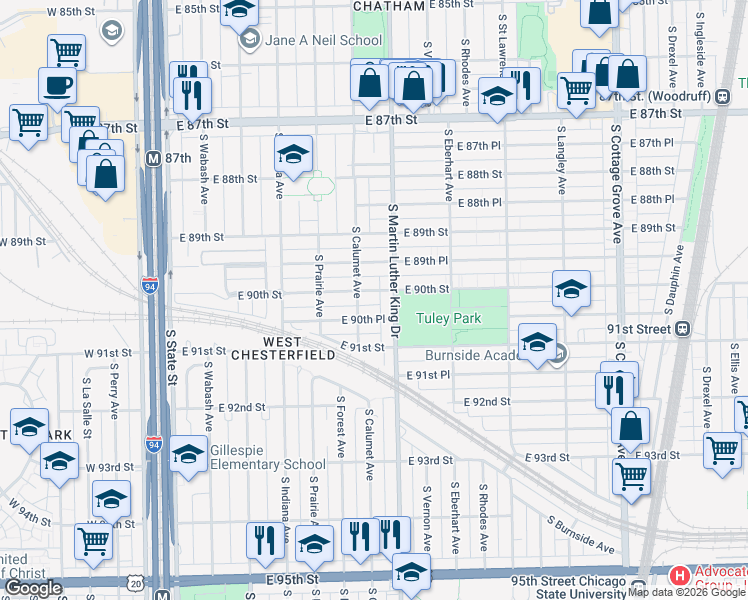 map of restaurants, bars, coffee shops, grocery stores, and more near 363 East 90th Place in Chicago
