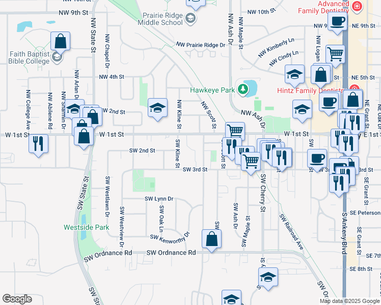 map of restaurants, bars, coffee shops, grocery stores, and more near 1008 Southwest 3rd Street in Ankeny