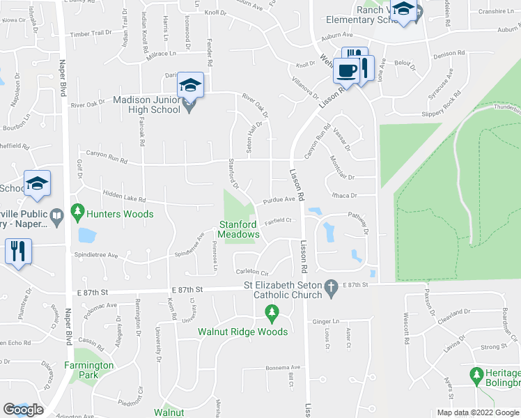 map of restaurants, bars, coffee shops, grocery stores, and more near 1990 Stanford Drive in Naperville