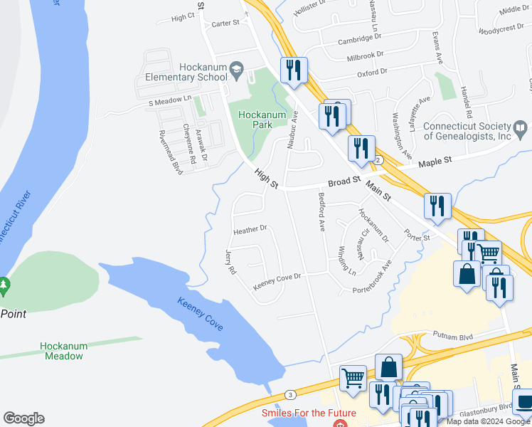 map of restaurants, bars, coffee shops, grocery stores, and more near 43 Cloverdale Drive in East Hartford