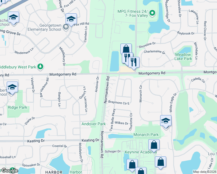 map of restaurants, bars, coffee shops, grocery stores, and more near 1396 Normantown Road in Naperville