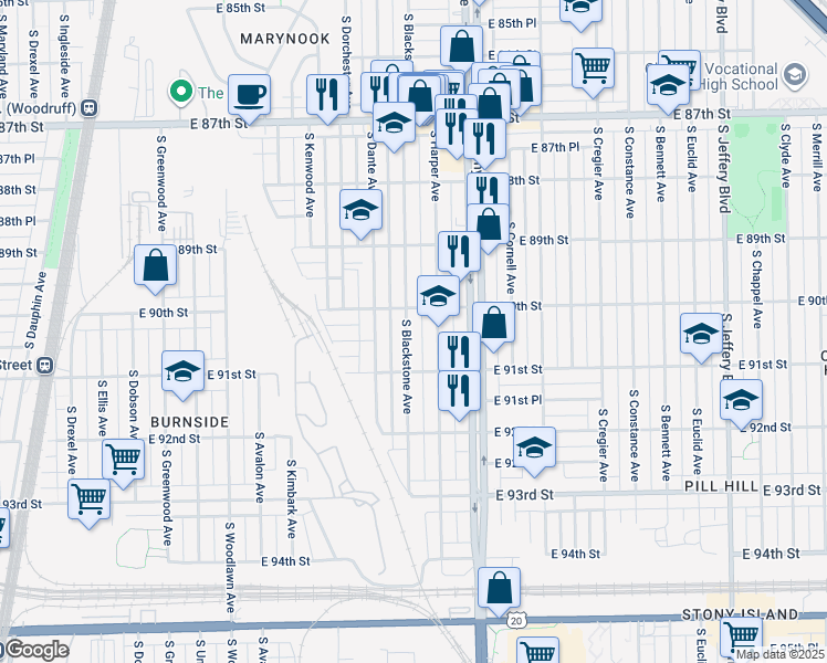 map of restaurants, bars, coffee shops, grocery stores, and more near 9021 South Blackstone Avenue in Chicago