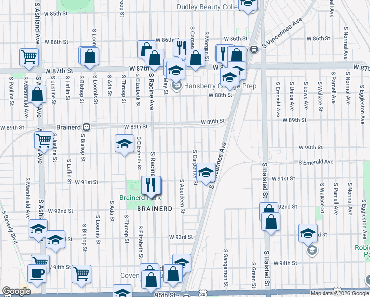 map of restaurants, bars, coffee shops, grocery stores, and more near 8953 South Aberdeen Street in Chicago