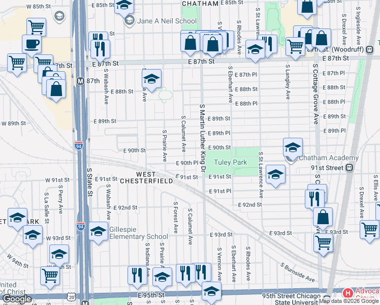 map of restaurants, bars, coffee shops, grocery stores, and more near 363 East 90th Place in Chicago