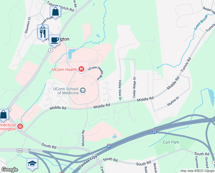 map of restaurants, bars, coffee shops, grocery stores, and more near 42 Grassy Hill Road in Farmington