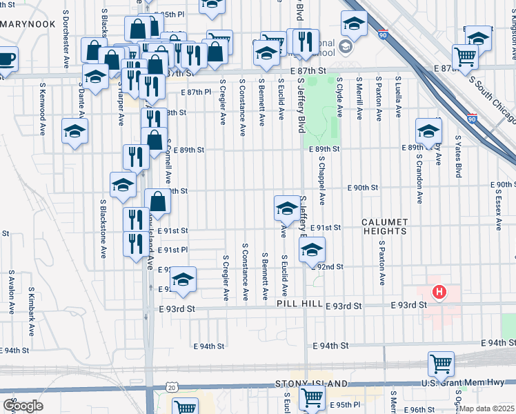 map of restaurants, bars, coffee shops, grocery stores, and more near 8959 South Constance Avenue in Chicago