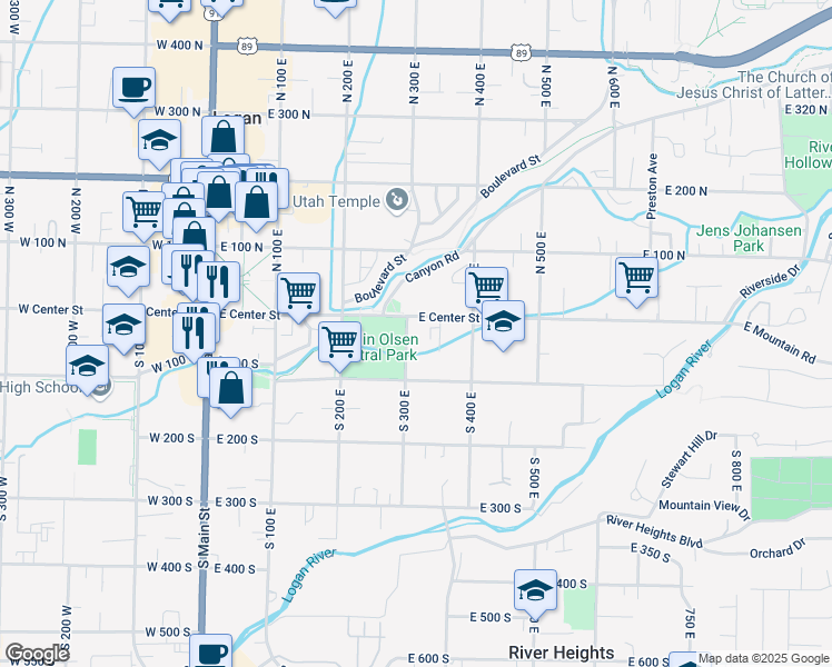 map of restaurants, bars, coffee shops, grocery stores, and more near 24 South 300 East in Logan