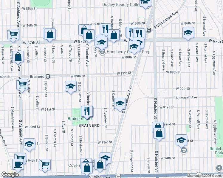 map of restaurants, bars, coffee shops, grocery stores, and more near 8952 South Carpenter Street in Chicago