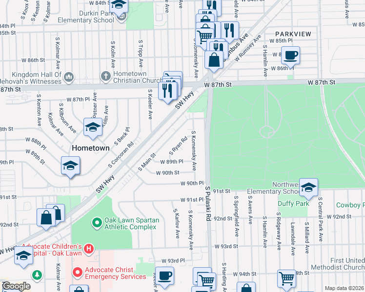 map of restaurants, bars, coffee shops, grocery stores, and more near 8885 South Main Street in Hometown