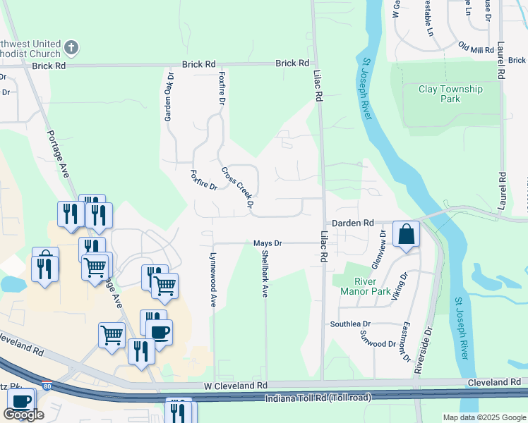 map of restaurants, bars, coffee shops, grocery stores, and more near 2005 Cross Creek Drive in South Bend
