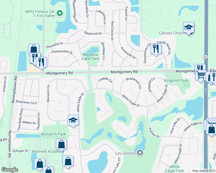 map of restaurants, bars, coffee shops, grocery stores, and more near 3826 White Eagle Drive in Naperville
