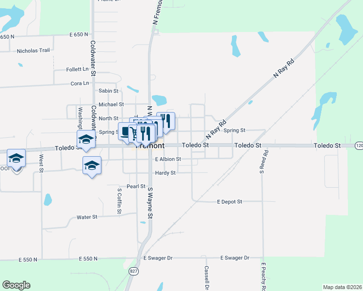 map of restaurants, bars, coffee shops, grocery stores, and more near 302 East Spring Street in Fremont