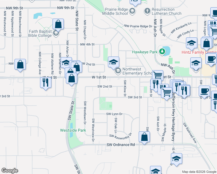 map of restaurants, bars, coffee shops, grocery stores, and more near 1205 County Road F32 in Ankeny
