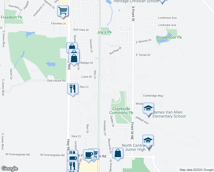 map of restaurants, bars, coffee shops, grocery stores, and more near 1195 Sadler Drive in North Liberty