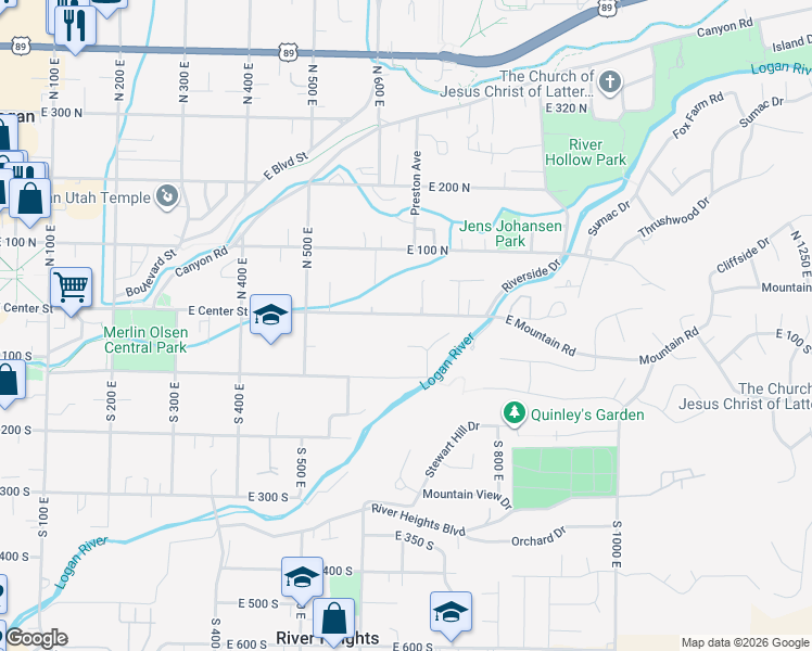 map of restaurants, bars, coffee shops, grocery stores, and more near 691 East Center Street in Logan