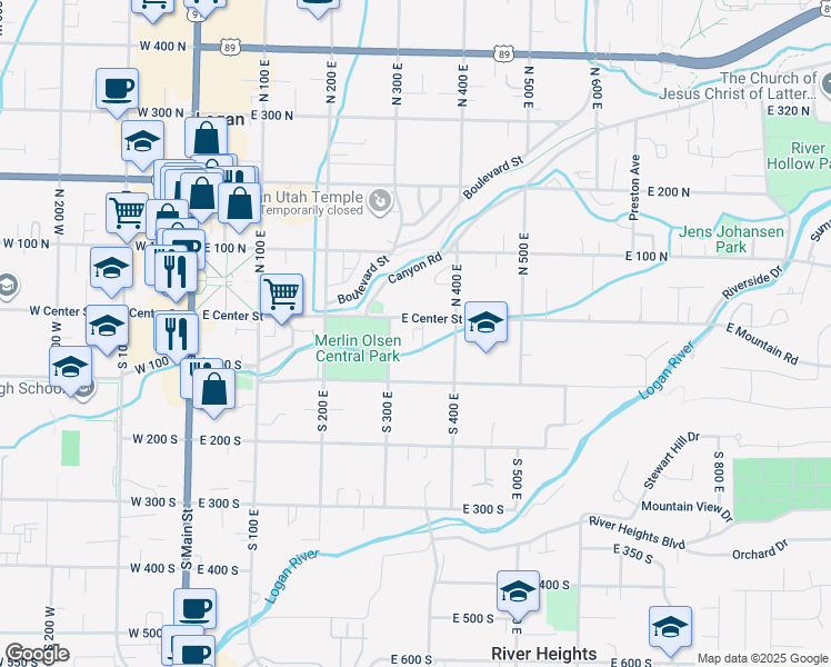 map of restaurants, bars, coffee shops, grocery stores, and more near 321 East Center Street in Logan
