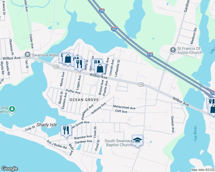 map of restaurants, bars, coffee shops, grocery stores, and more near 328 Wilbur Avenue in Swansea