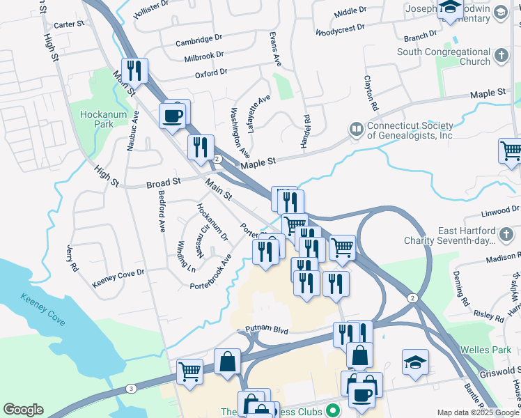 map of restaurants, bars, coffee shops, grocery stores, and more near 80 Main Street in East Hartford