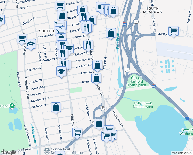 map of restaurants, bars, coffee shops, grocery stores, and more near 910 Wethersfield Avenue in Hartford