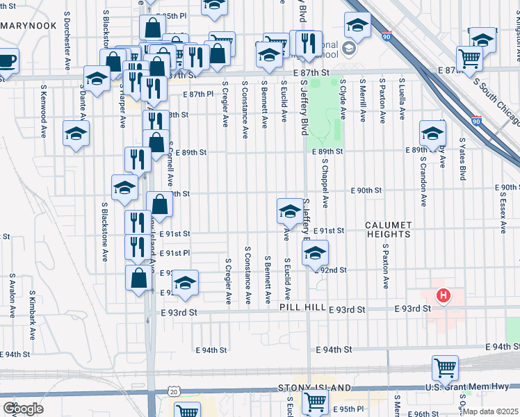 map of restaurants, bars, coffee shops, grocery stores, and more near 8959 South Constance Avenue in Chicago