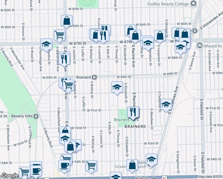 map of restaurants, bars, coffee shops, grocery stores, and more near 8920 South Ada Street in Chicago