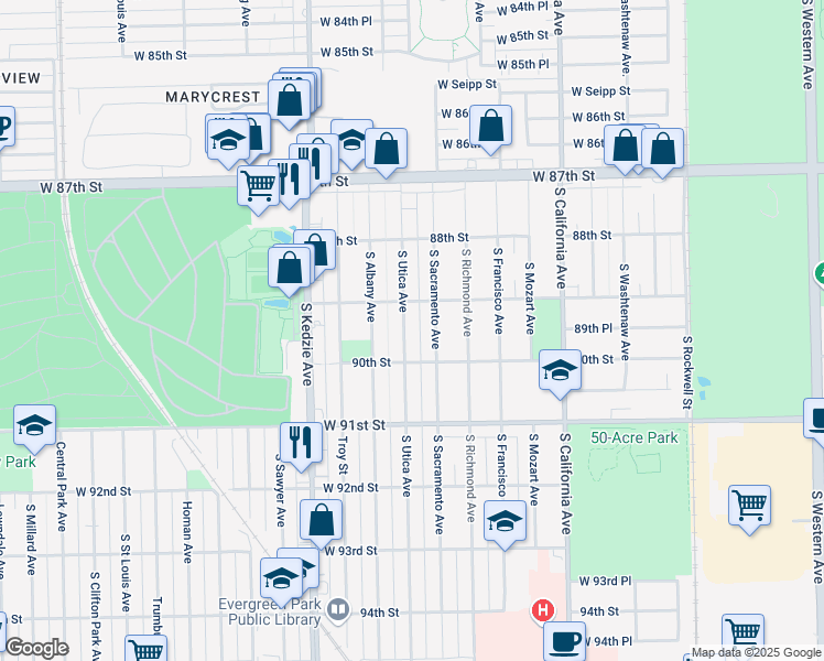 map of restaurants, bars, coffee shops, grocery stores, and more near 8900 South Sacramento Avenue in Evergreen Park