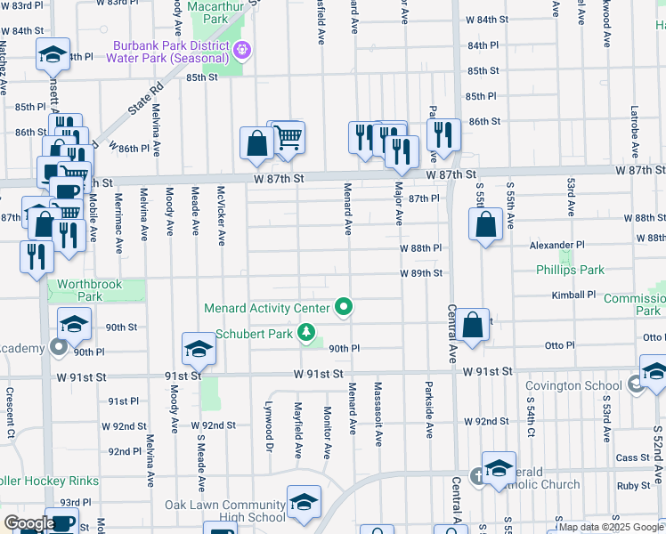 map of restaurants, bars, coffee shops, grocery stores, and more near 5826 West 88th Place in Oak Lawn