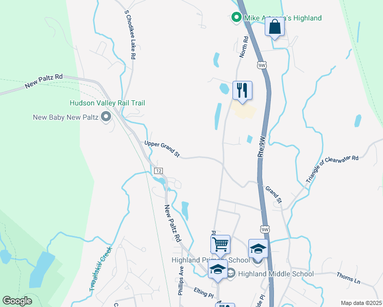 map of restaurants, bars, coffee shops, grocery stores, and more near 151 Upper Grand Street in Highland