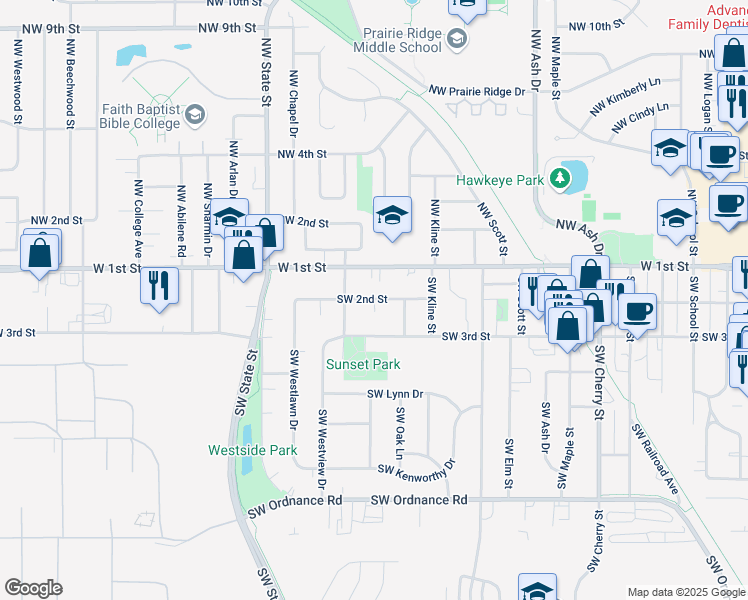 map of restaurants, bars, coffee shops, grocery stores, and more near 1205 County Road F32 in Ankeny