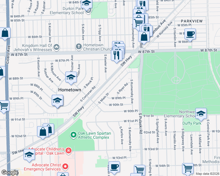 map of restaurants, bars, coffee shops, grocery stores, and more near 4157 Southwest Highway in Hometown