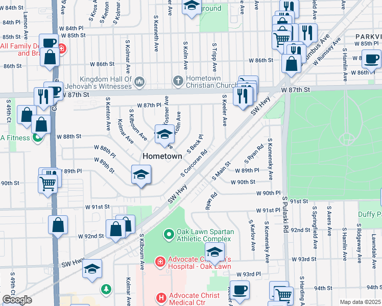 map of restaurants, bars, coffee shops, grocery stores, and more near in Hometown