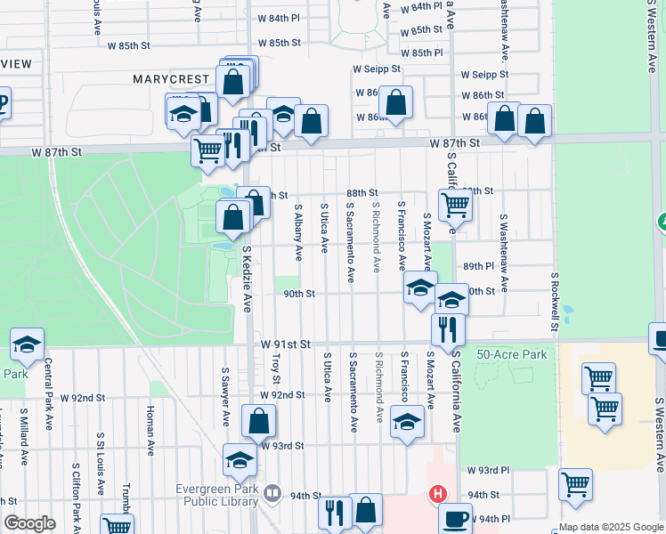 map of restaurants, bars, coffee shops, grocery stores, and more near 8900 South Sacramento Avenue in Evergreen Park