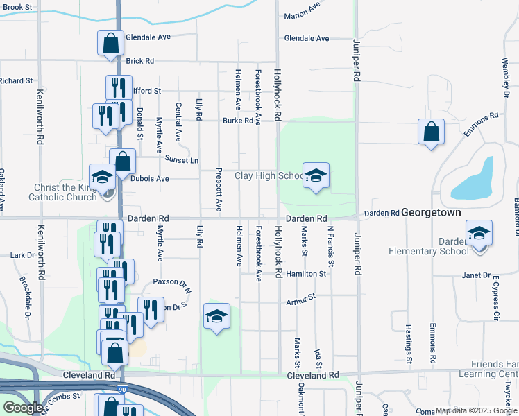 map of restaurants, bars, coffee shops, grocery stores, and more near 52475 Forestbrook St in South Bend