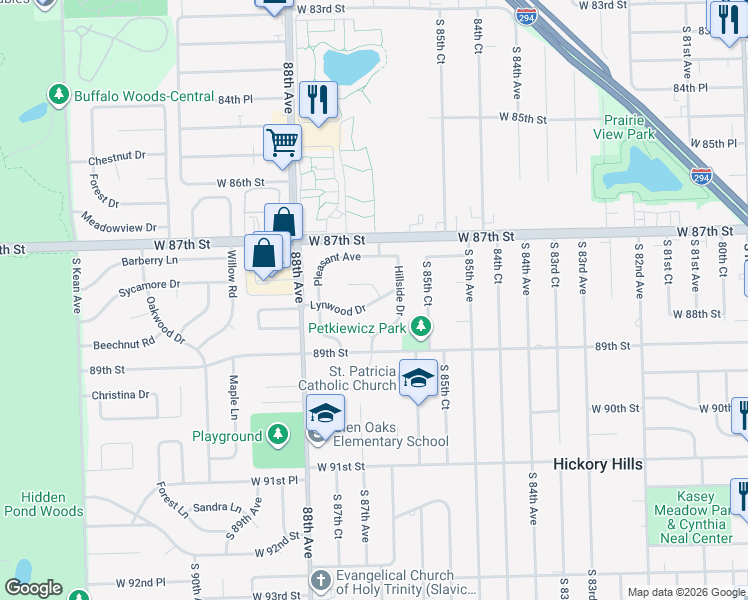 map of restaurants, bars, coffee shops, grocery stores, and more near 5641 Oakhill Court in Hickory Hills