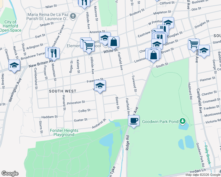 map of restaurants, bars, coffee shops, grocery stores, and more near 151 Freeman Street in Hartford