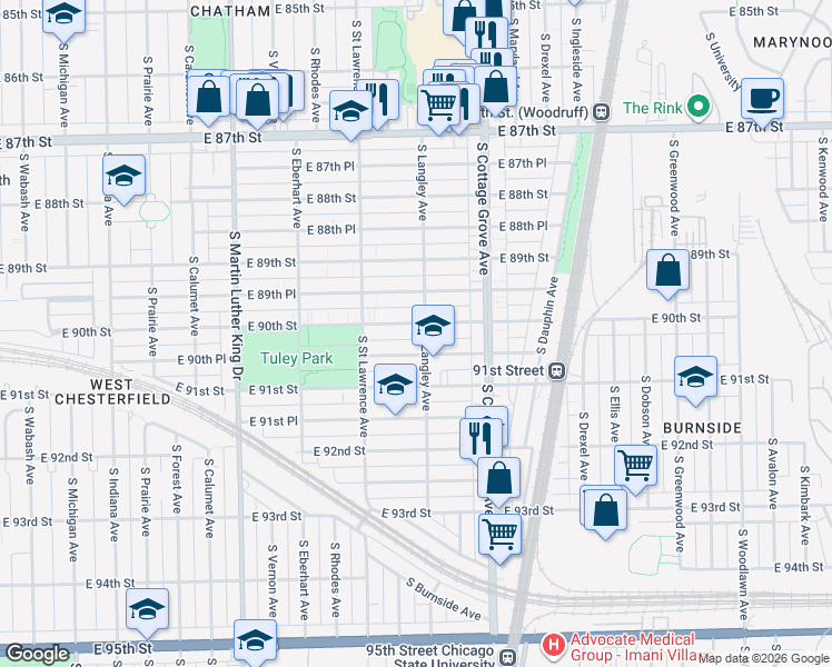 map of restaurants, bars, coffee shops, grocery stores, and more near 652 East 90th Street in Chicago