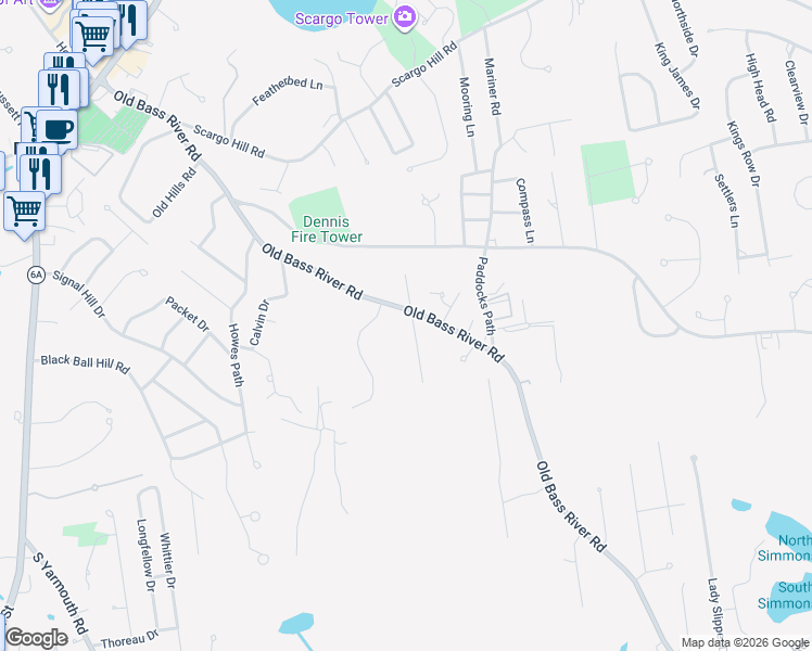 map of restaurants, bars, coffee shops, grocery stores, and more near 3 John Lane in Dennis