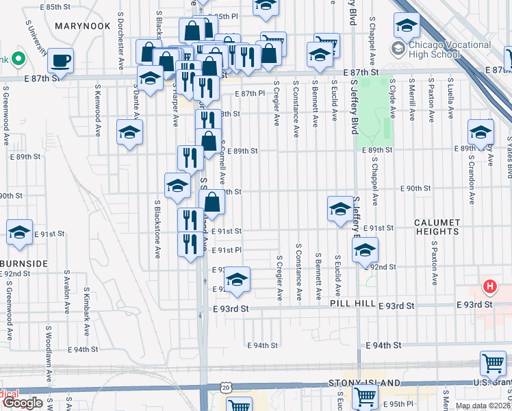 map of restaurants, bars, coffee shops, grocery stores, and more near 8960 South Ridgeland Avenue in Chicago