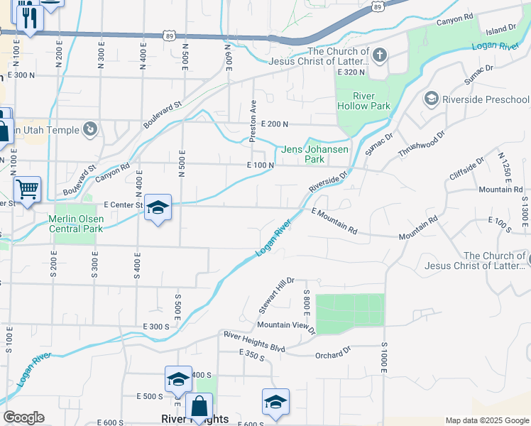 map of restaurants, bars, coffee shops, grocery stores, and more near 710 East Center Street in Logan