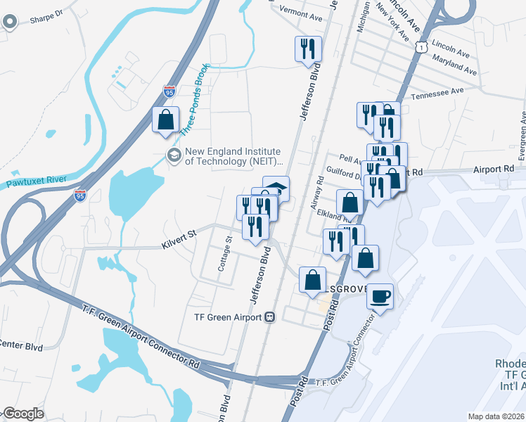 map of restaurants, bars, coffee shops, grocery stores, and more near 41 Blackburn Street in Warwick