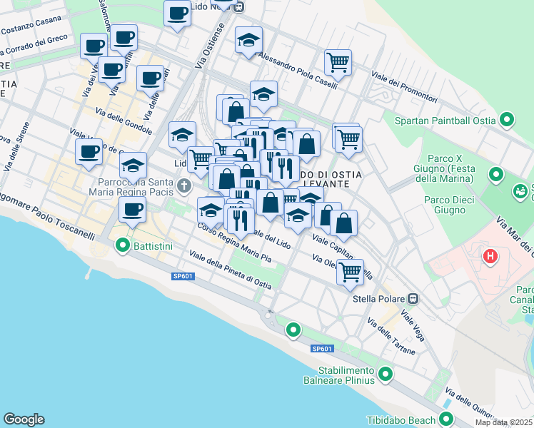 map of restaurants, bars, coffee shops, grocery stores, and more near in Ostia