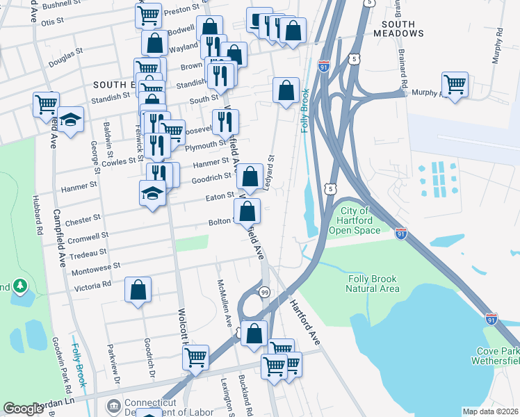 map of restaurants, bars, coffee shops, grocery stores, and more near 932 Wethersfield Avenue in Hartford